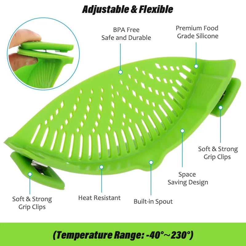 Clip-On Silicone Pot Strainer – Spill-Free Draining Tool