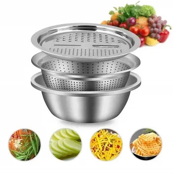 Vegetable Slicer & Cutter with Drain Basket – Stainless Steel Kitchen Tool for Easy Chopping & Washing