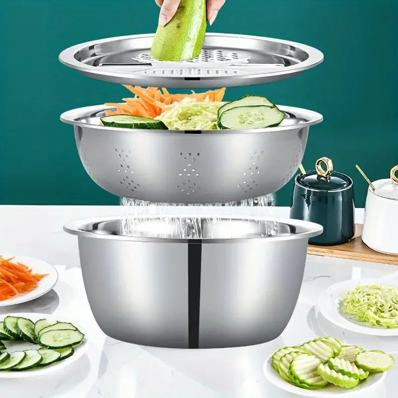 Vegetable Slicer & Cutter with Drain Basket – Stainless Steel Kitchen Tool for Easy Chopping & Washing