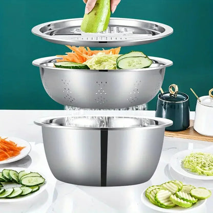 Vegetable Slicer & Cutter with Drain Basket – Stainless Steel Kitchen Tool for Easy Chopping & Washing
