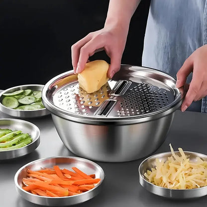 Vegetable Slicer & Cutter with Drain Basket – Stainless Steel Kitchen Tool for Easy Chopping & Washing