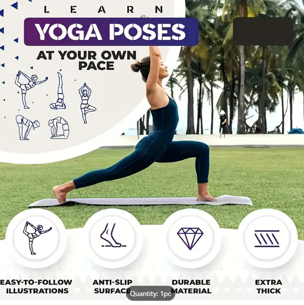 Yoga Mat with Poses for Beginners | Non-Slip Exercise Mat for Home Workouts, Stretching & Flexibility Training