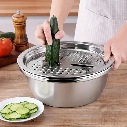 Vegetable Slicer & Cutter with Drain Basket – Stainless Steel Kitchen Tool for Easy Chopping & Washing